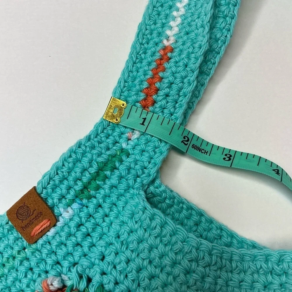 Large‎ Crochet Mesh Market Bag Teal White Cotton Handcrafted Handmade Reusable